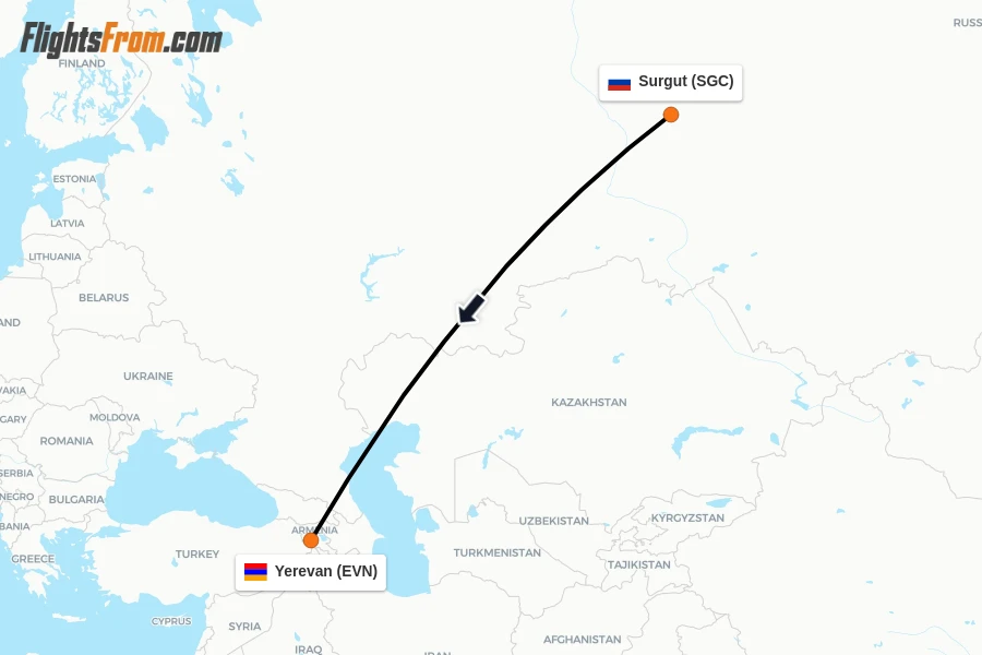 Flights from Surgut to Yerevan route map