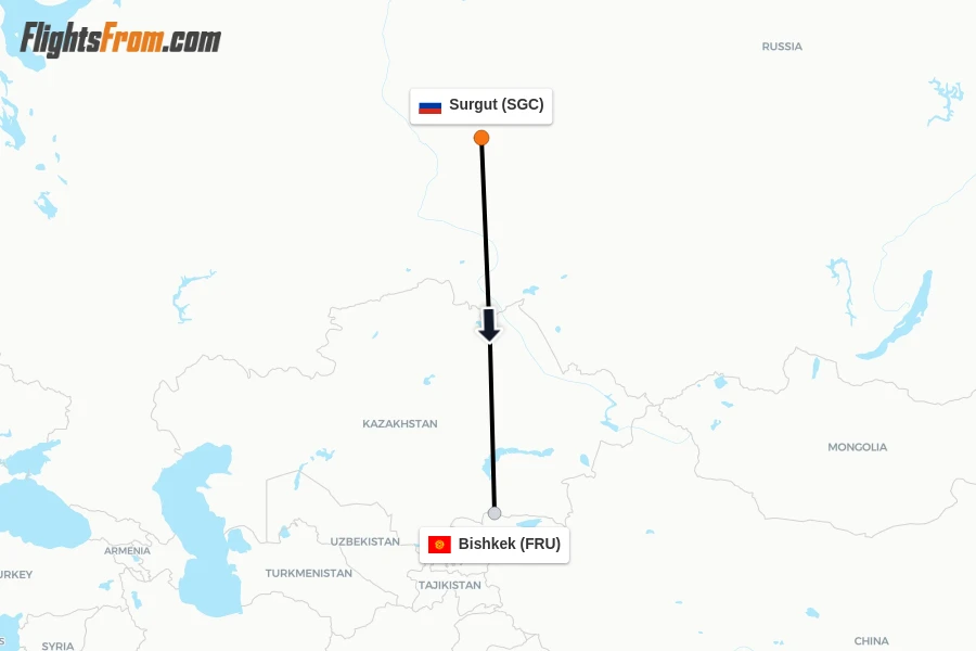 Flights from Surgut to Bishkek route map