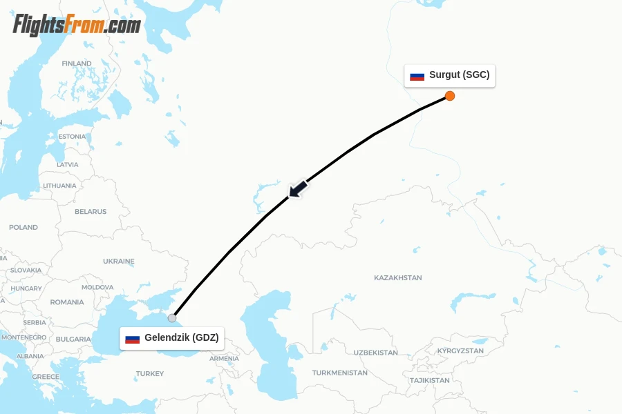 Flights from Surgut to Gelendzik route map