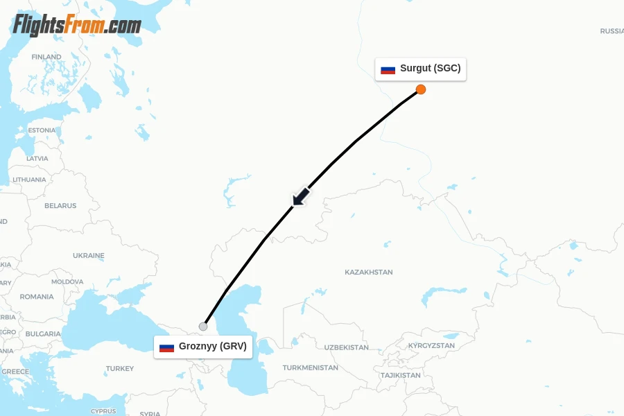 Flights from Surgut to Groznyy route map