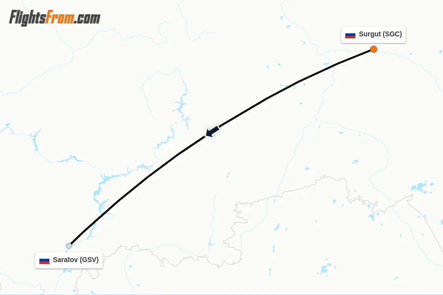 Flights from Surgut to Saratov route map