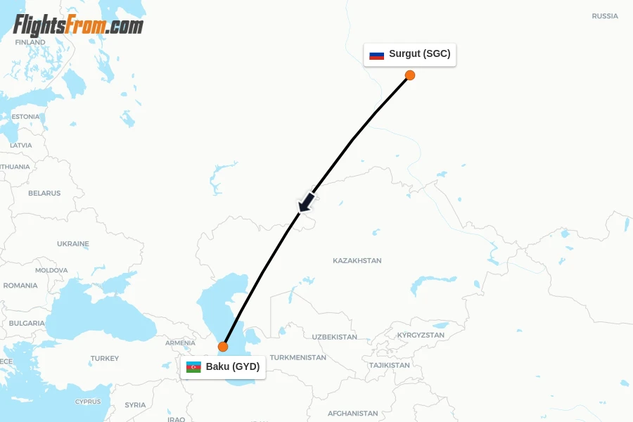 Flights from Surgut to Baku route map