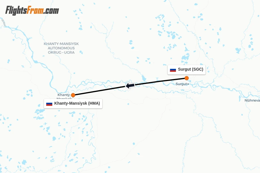 Flights from Surgut to Khanty-Mansiysk route map
