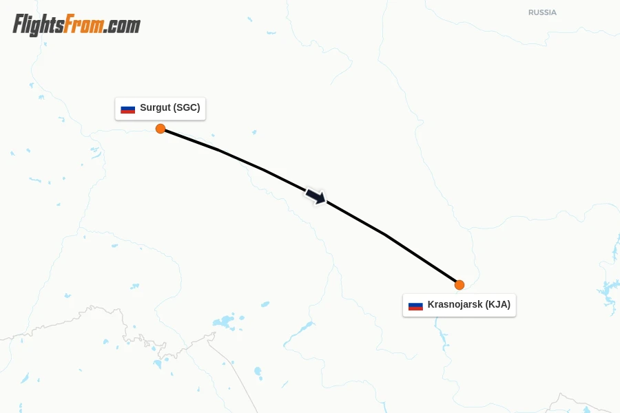 Flights from Surgut to Krasnojarsk route map
