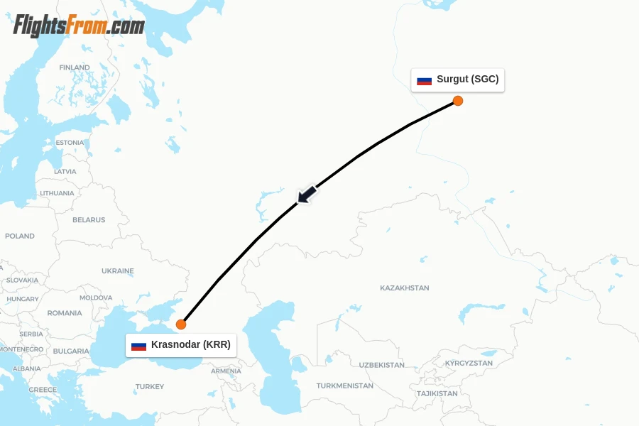 Flights from Surgut to Krasnodar route map