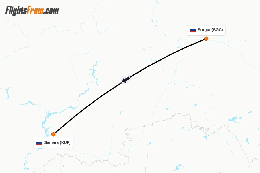Flights from Surgut to Samara route map