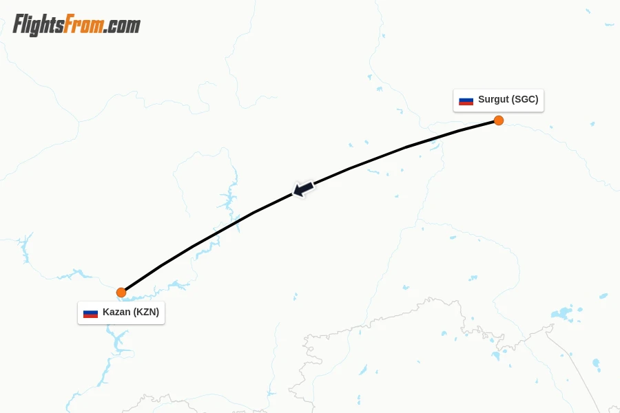 Flights from Surgut to Kazan route map