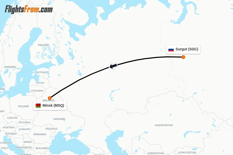 Flights from Surgut to Minsk route map
