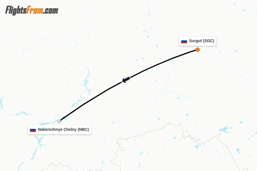 Flights from Surgut to Naberezhnye Chelny route map