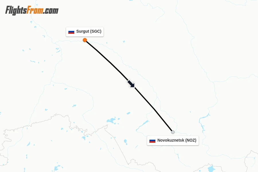 Flights from Surgut to Novokuznetsk route map