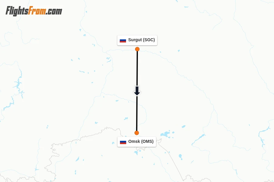Flights from Surgut to Omsk route map