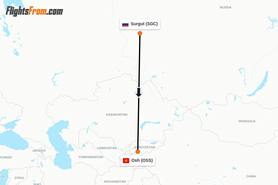 Flights from Surgut to Osh route map