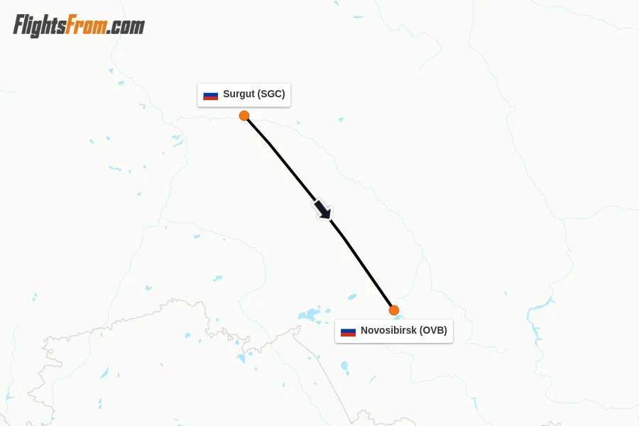 Flights from Surgut to Novosibirsk route map