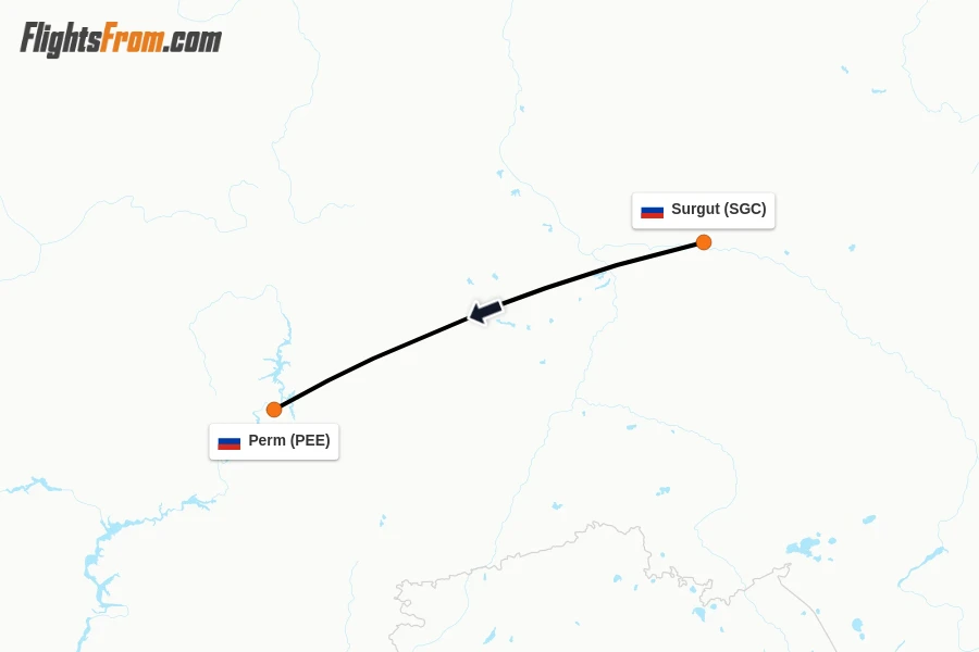 Flights from Surgut to Perm route map