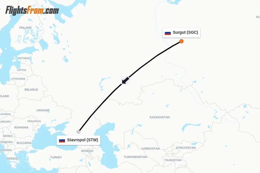 Flights from Surgut to Stavropol route map