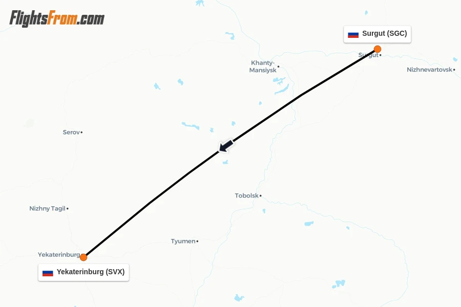 Flights from Surgut to Yekaterinburg route map