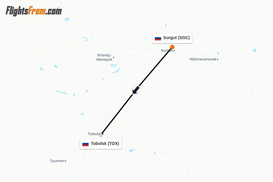 Flights from Surgut to Tobolsk route map