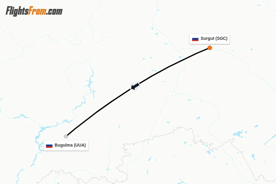 Flights from Surgut to Bugulma route map