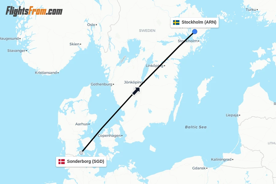 Flights from Sonderborg to Stockholm route map