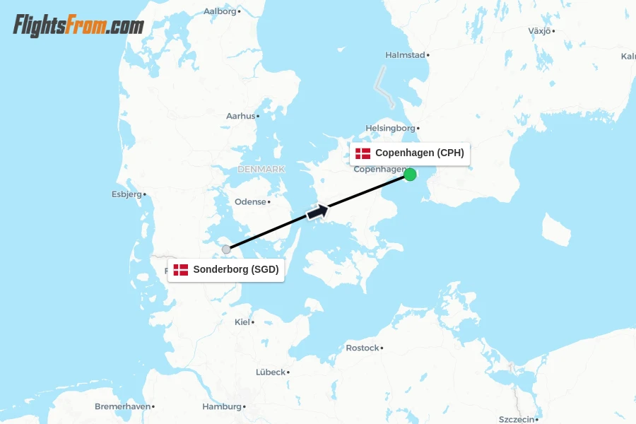 Flights from Sonderborg to Copenhagen route map