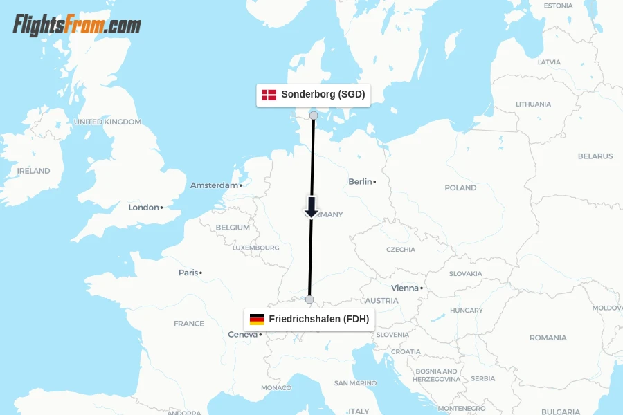 Flights from Sonderborg to Friedrichshafen route map