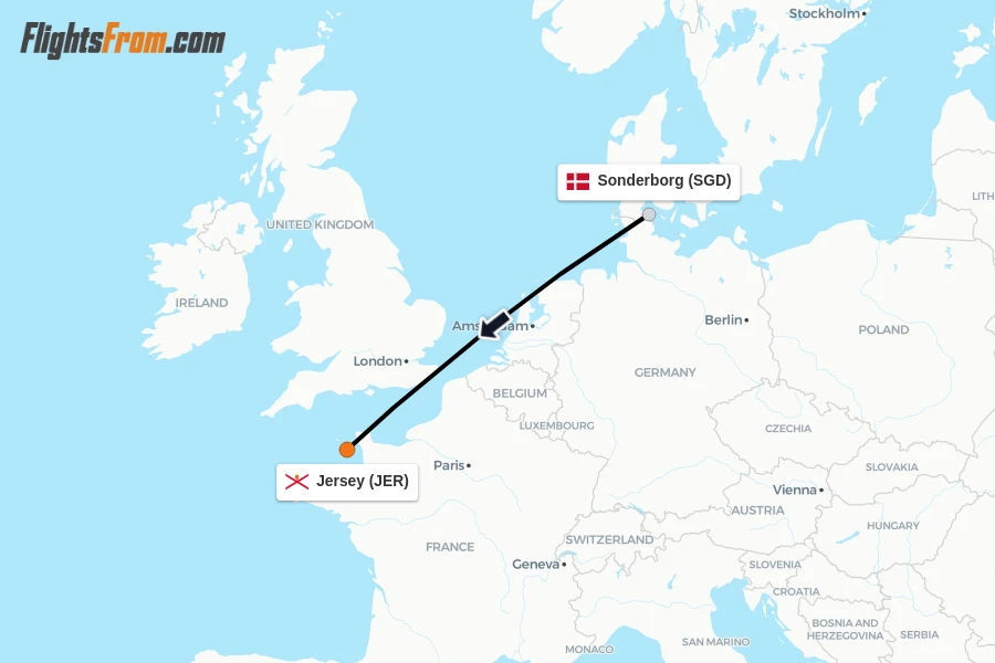 Flights from Sonderborg to Jersey route map