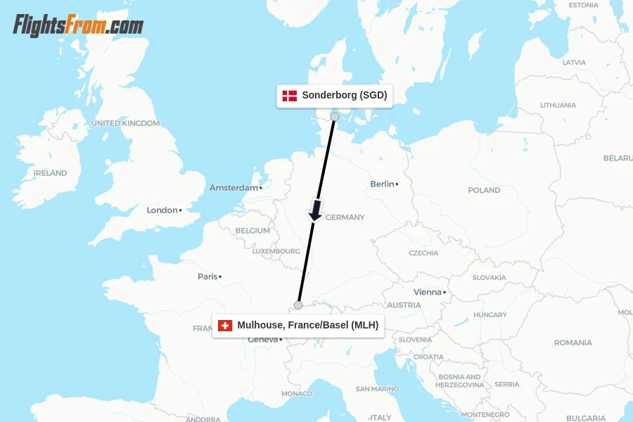 Flights from Sonderborg to Mulhouse, France/Basel route map