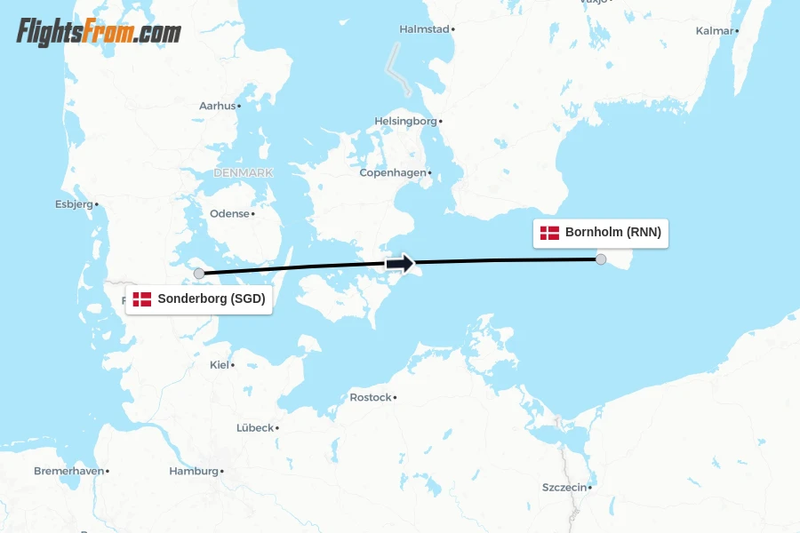 Flights from Sonderborg to Bornholm route map