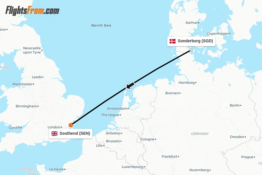 Flights from Sonderborg to Southend route map