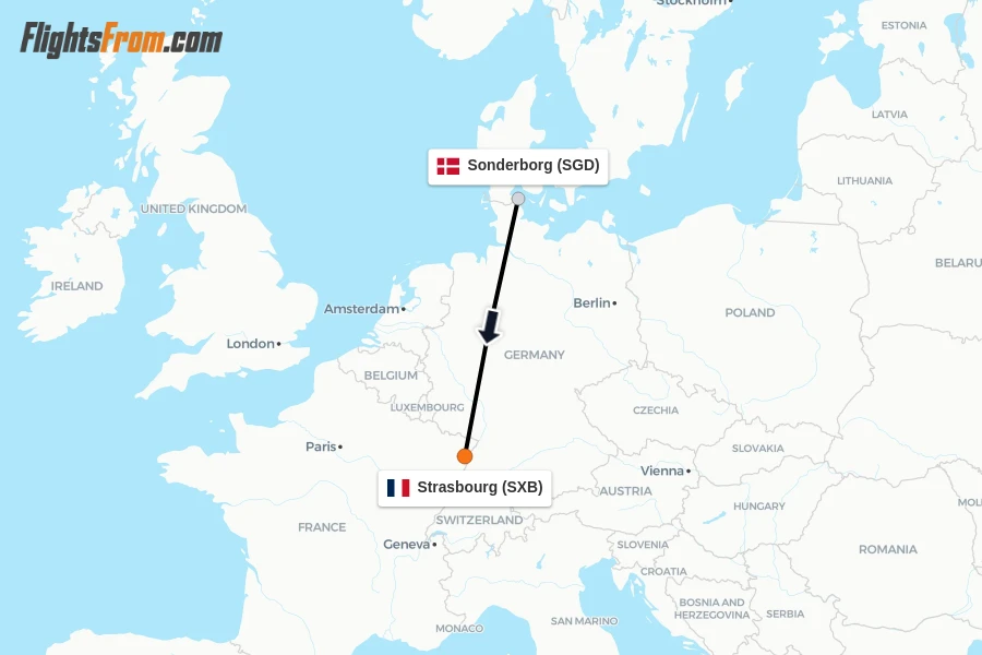 Flights from Sonderborg to Strasbourg route map