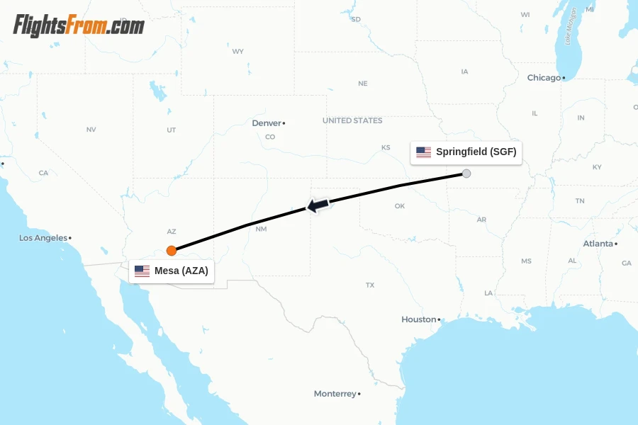 Flights from Springfield to Mesa route map