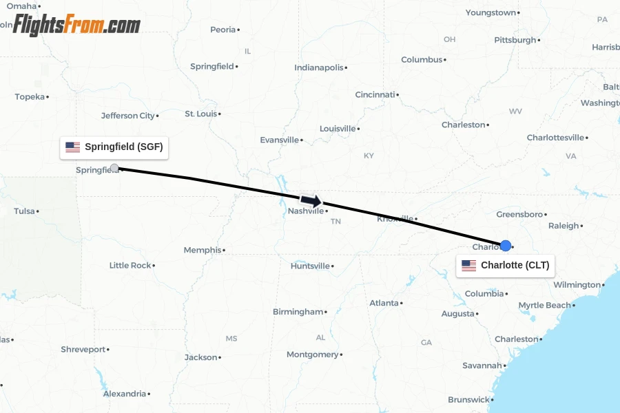 Flights from Springfield to Charlotte route map