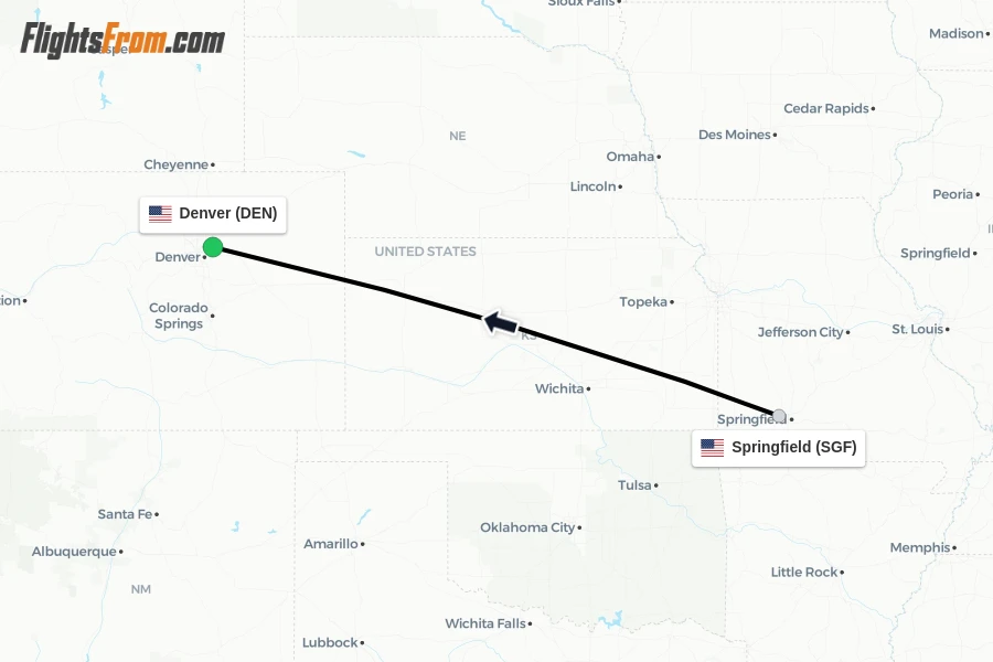 Flights from Springfield to Denver route map