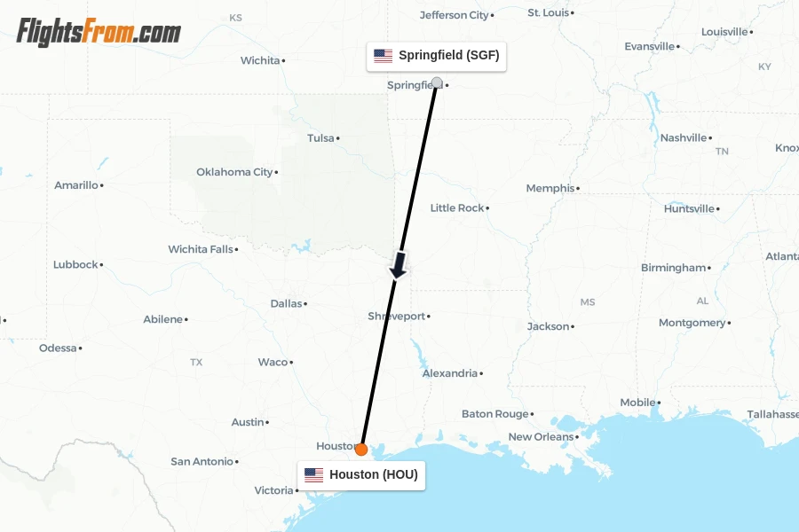 Flights from Springfield to Houston route map