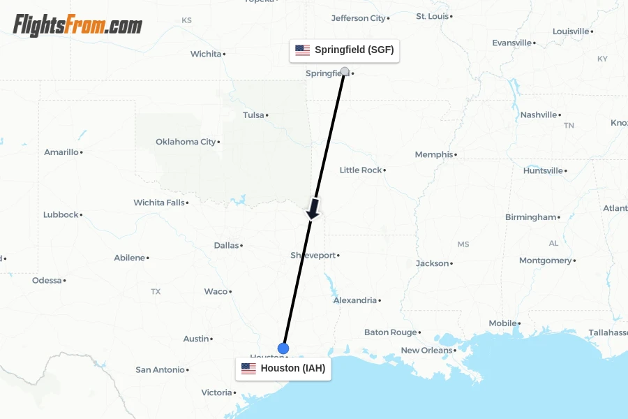 Flights from Springfield to Houston route map