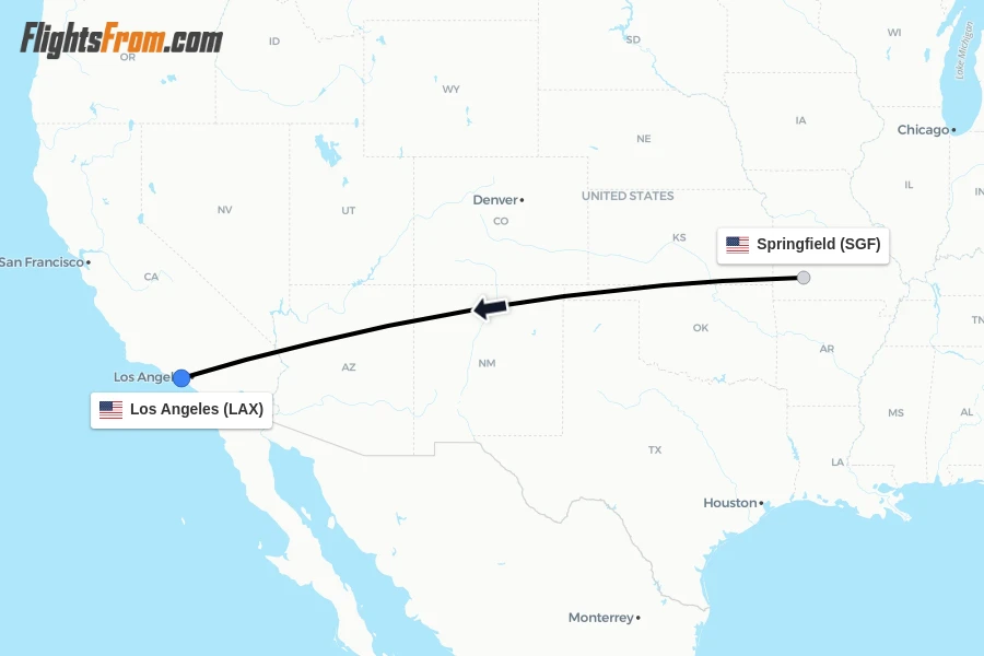 Flights from Springfield to Los Angeles route map