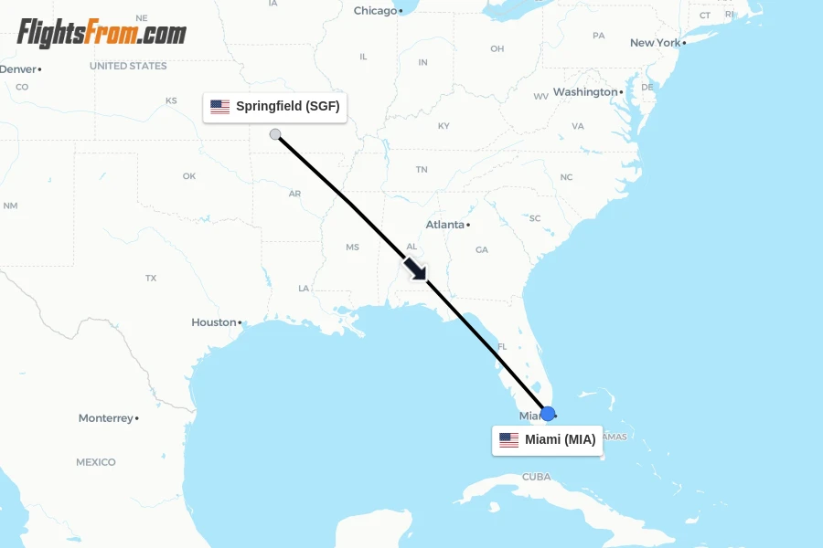 Flights from Springfield to Miami route map