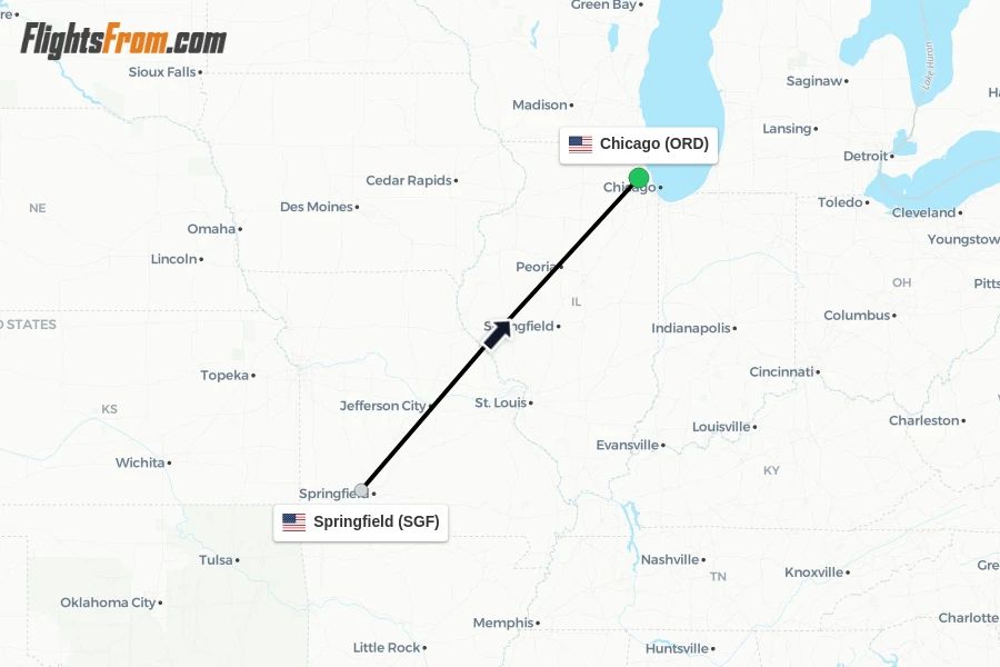 Flights from Springfield to Chicago route map