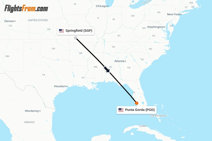 Flights from Springfield to Punta Gorda route map