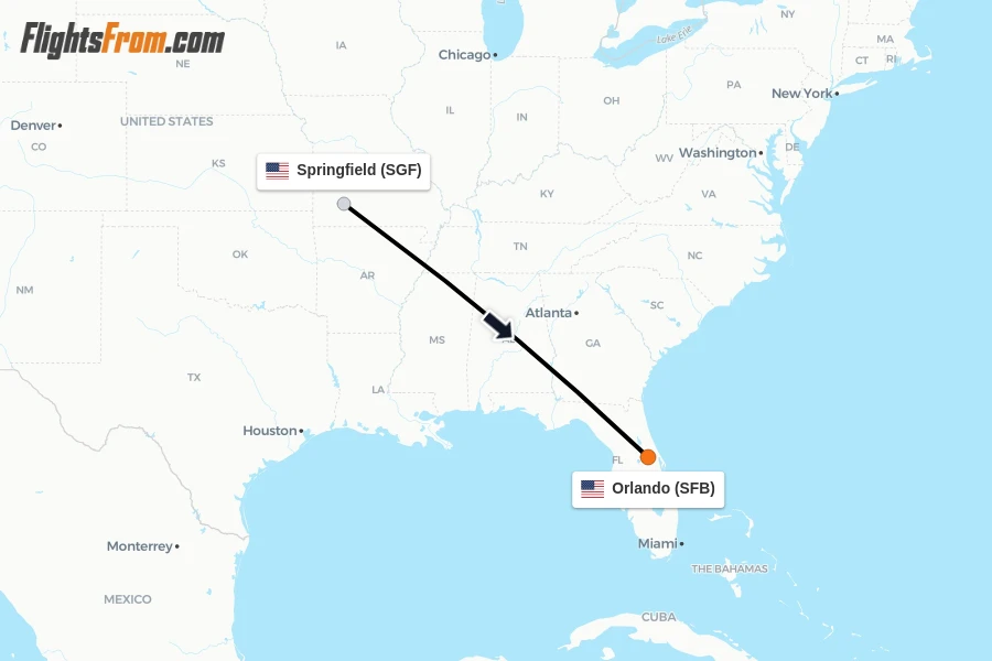 Flights from Springfield to Orlando route map