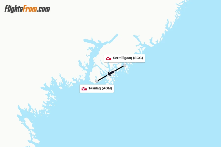Flights from Sermiligaaq to Tasiilaq route map