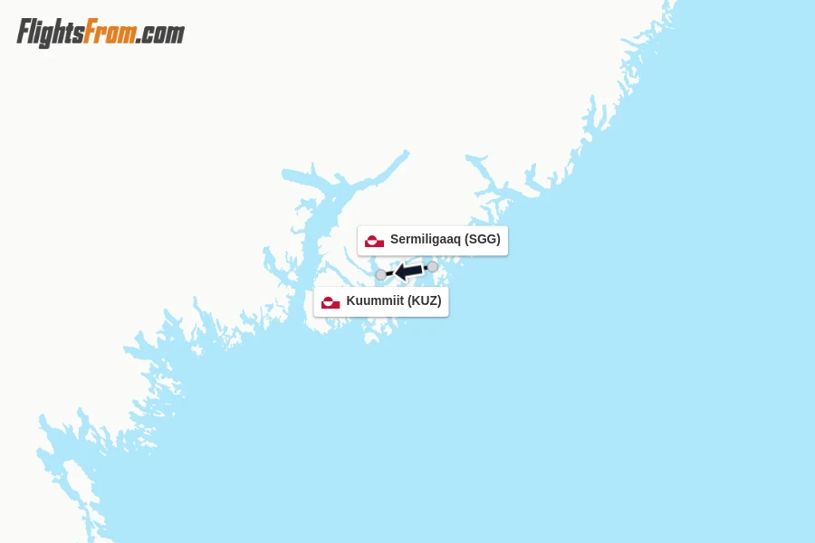 Flights from Sermiligaaq to Kuummiit route map