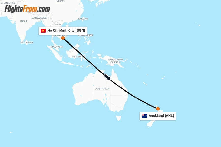 Flights from Ho Chi Minh City to Auckland route map
