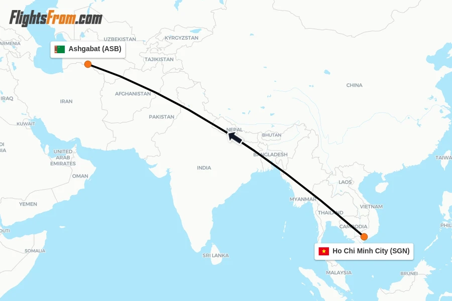 Flights from Ho Chi Minh City to Ashgabat route map