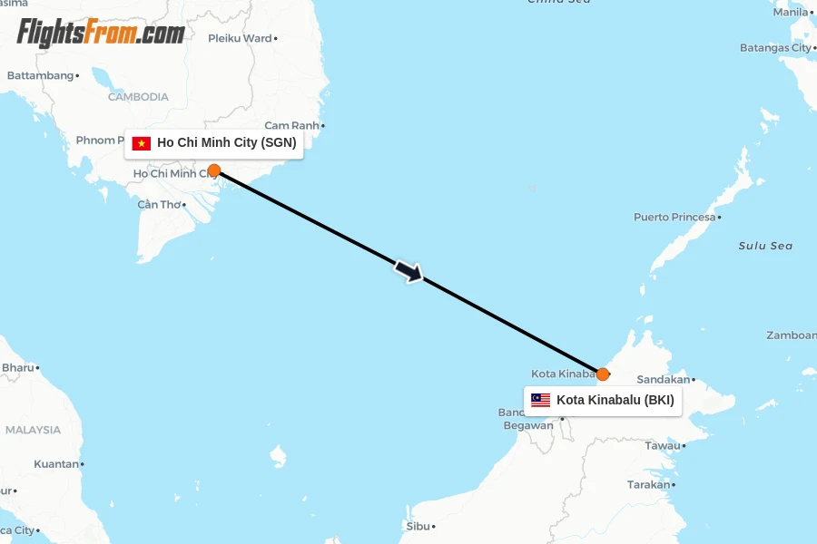 Flights from Ho Chi Minh City to Kota Kinabalu route map