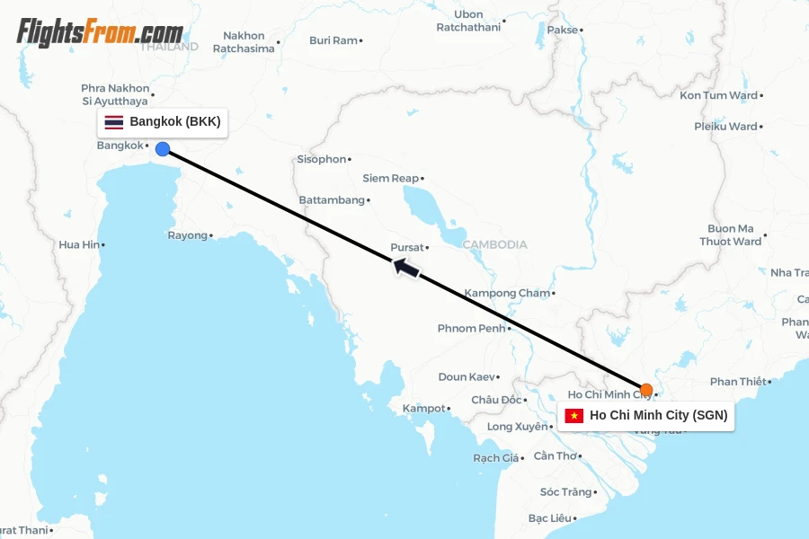 Flights from Ho Chi Minh City to Bangkok route map