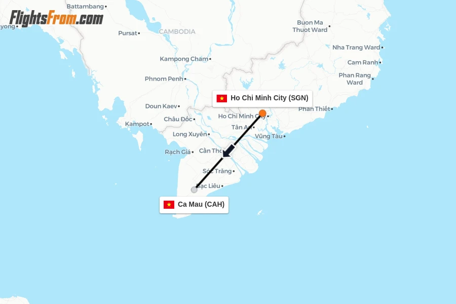 Flights from Ho Chi Minh City to Ca Mau route map