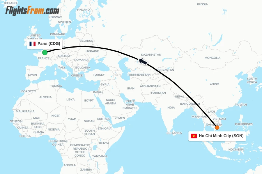 Flights from Ho Chi Minh City to Paris route map