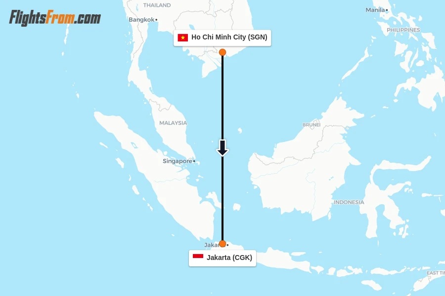 Flights from Ho Chi Minh City to Jakarta route map