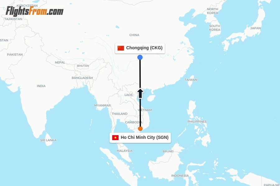 Flights from Ho Chi Minh City to Chongqing route map